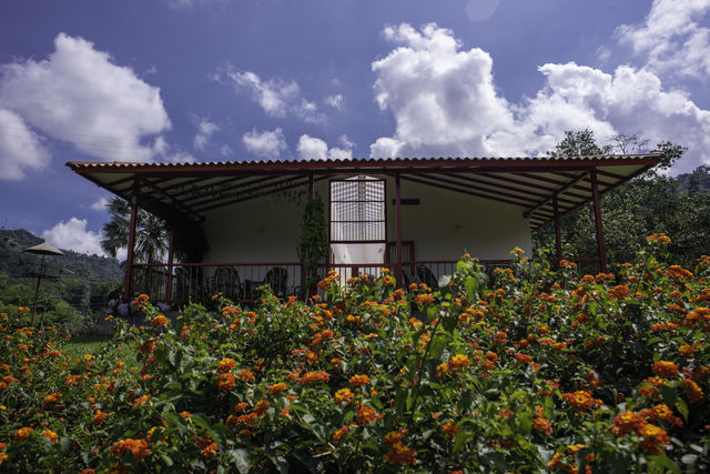 Rondreis Colombia Quindio Manizales Hacienda Venecia in bloeiende omgeving
